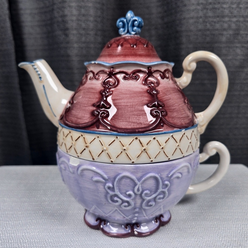 Sonoma Home Goods Tea for One Set Stackable Teapot Cup Victorian Purple Burgundy